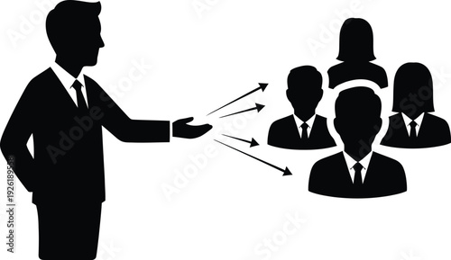 Business Leader Silhouette Directing Corporate Team for Management Delegation and Strategy.