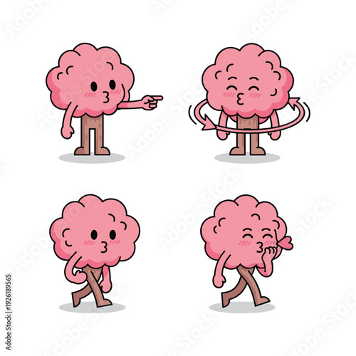 Cartoon brain character showing different emotions and actions with copy space