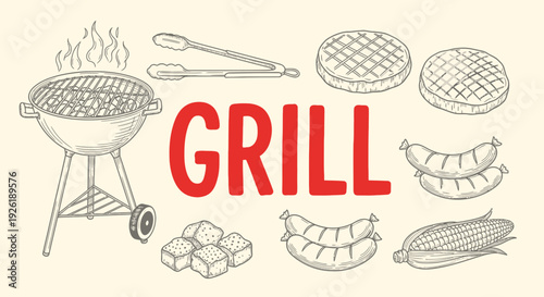Black and white line art illustration of grilling items surrounding the red word GRILL