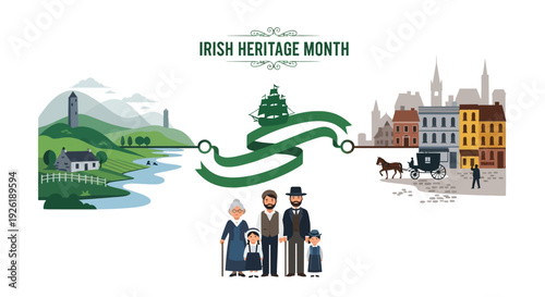 Illustration of a family celebrating Irish Heritage Month with a scenic landscape and cityscape in the background, conveying a sense of cultural celebration and heritage.