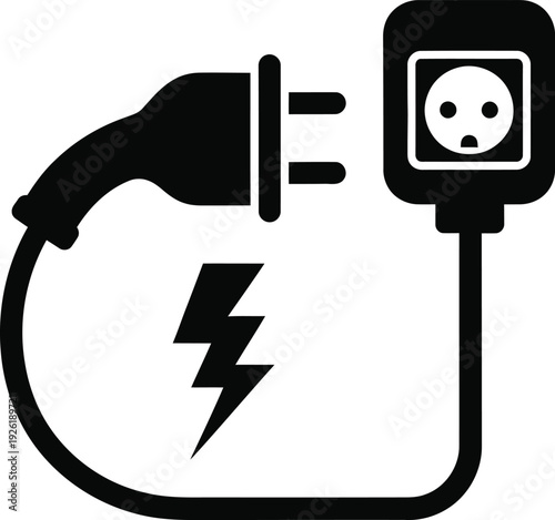 Silhouette of an electrical plug connecting to a power socket with a lightning bolt symbol, representing energy supply, electric vehicle charging, and reliable power connection.