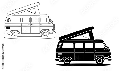 Vintage Camper Van with Pop-Up Roof Outline and Solid Black Silhouette Set, Retro Road Trip Travel Vehicle Illustration Isolated on White Background