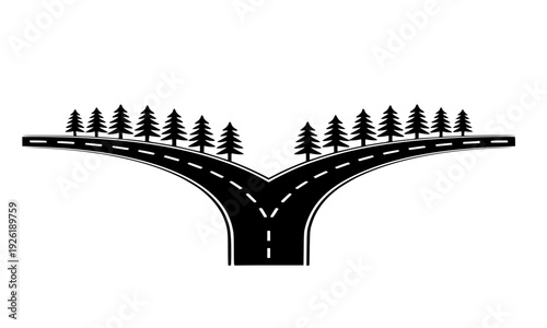 Black Silhouette of Forked Road Intersection with Pine Trees – Highway Split Vector Design for Travel, Journey, and Direction Concept Illustration