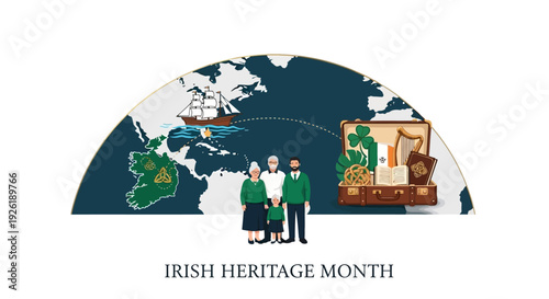 Illustration of people celebrating Irish Heritage Month with a world map and cultural icons in a flat design style with green, white, and blue dominant colors.
