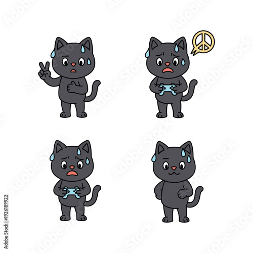 Cartoon black cat expressing different emotions with peace sign on white background