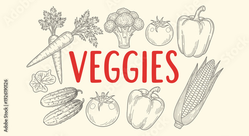 Black and white line art of assorted vegetables surrounding the red text VEGGIES on a light background