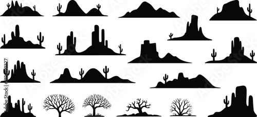 Mega collection of black silhouettes featuring desert mountains cacti forest trees deer bucks and various meadow grasses, cad drawing flat vector illustration for nature landscape