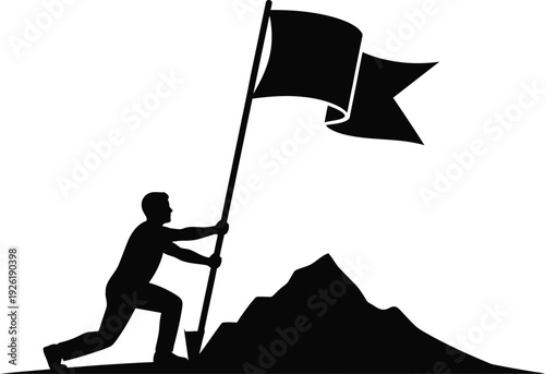 Silhouette of a determined businessman planting a flag on a mountain peak, representing career achievement, leadership success, and overcoming corporate challenges to reach top goals.