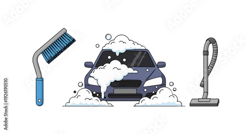 Cartoon car wash and detailing tools a blue brush a soapy car and a grey vacuum cleaner.