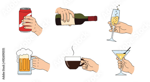 Cartoon hands holding diverse drinks red soda can green wine bottle bubbly champagne flute foamy beer mug steaming coffee yellow martini.