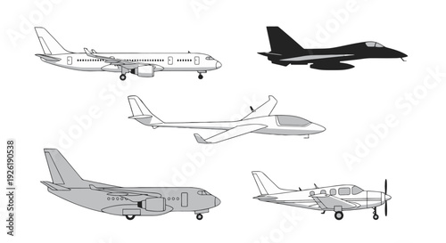 Clean Vector Aircraft Illustrations Passenger Jet Fighter Glider Cargo Propeller Plane Side Views.