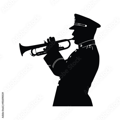 Military musician playing trumpet in formal uniform silhouette
