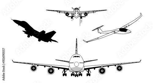Collection of diverse aircraft vector illustrations passenger jet propeller plane fighter jet silhouette and glider.