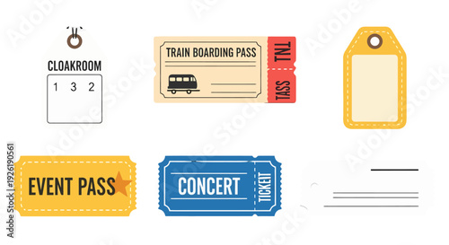 Colorful flat vector collection of event passes train tickets and identification tags with distinct designs.