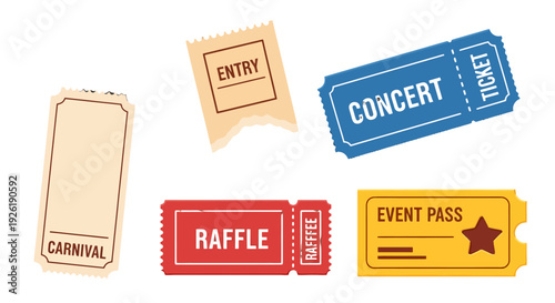 Colorful vector collection of various event tickets including carnival concert raffle and entry passes.