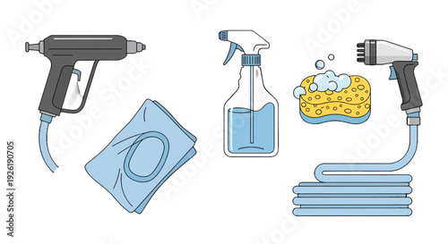 Essential car wash cleaning tools vector illustration spray guns sponge cloths and spray bottle.