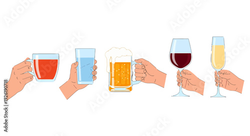 Five cartoon hands holding diverse beverages tea water beer red wine and champagne.