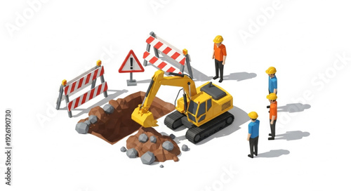 Construction Site with Excavator and Workers.