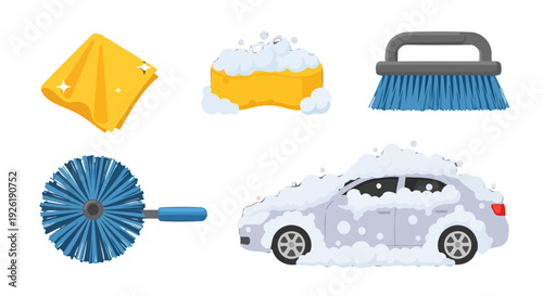 Flat design light grey sedan car completely covered in white bubbly soap suds.