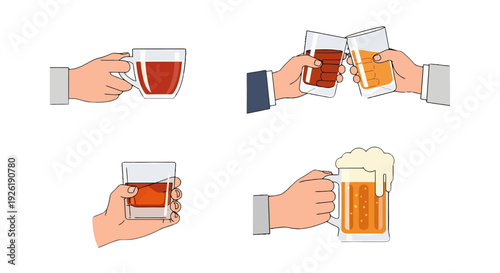 Flat vector illustrations of hands holding various drinks tea juice whiskey and foamy beer.