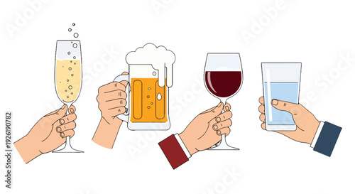 Four cartoon hands holding diverse beverages sparkling champagne frothy beer red wine and clear water.