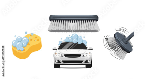 Frontal view of a white car covered in blue soap bubbles ready for a thorough wash.