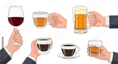Illustrated Hands Holding Diverse Beverages Red Wine Frothy Beer Coffee Tea and Whiskey with Ice.