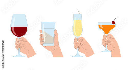 Illustrated hands holding diverse drinks red wine water sparkling champagne and a cherry cocktail.