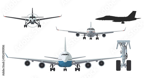 Vector aircraft collection passenger jets propeller plane fighter jet silhouette and detailed landing gear mechanism illustration.