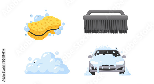 Vibrant car wash elements yellow porous sponge with bubbles grey bristled brush blue foam and soapy grey car.