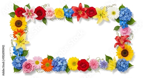 Rectangular frame of diverse colorful flowers on white background