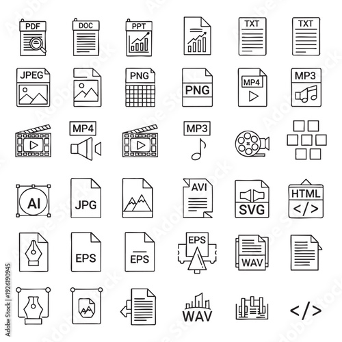 File type icons set for various digital formats