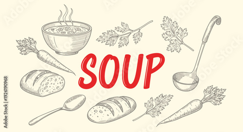 Black and white sketch illustration with central red SOUP text and surrounding food elements