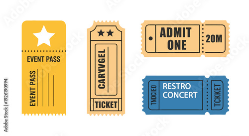 Vibrant vector illustration of diverse event tickets and passes featuring stars text and perforated edges.