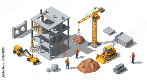 Construction Site with Crane and Workers.