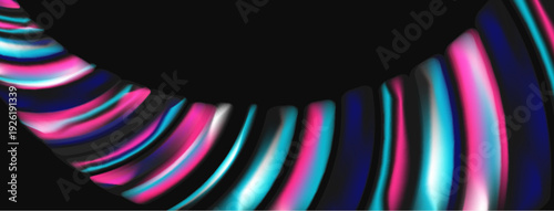 Abstract colorful lines curve into darkness. Vivid pinks, blues create dynamic visual flow. Modern design element.