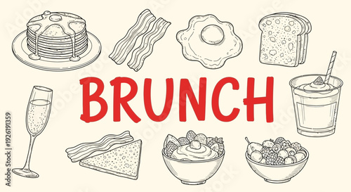 Illustration of brunch items in black and white line art surrounding red text that spells BRUNCH