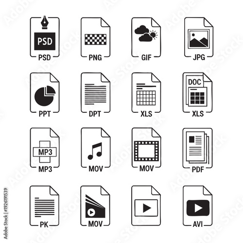 Collection of file type icons in a simple line style