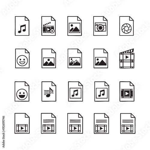 Collection of file icons for various media types and formats on white background