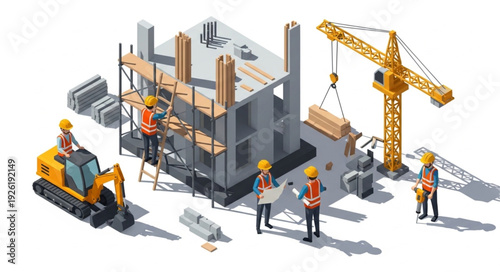 Construction Site with Crane and Workers.