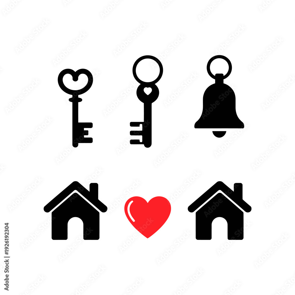 Fototapeta premium A set of black and red home and love icons on a white background