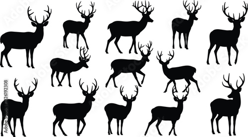 Set of black deer silhouettes with various antler shapes standing and walking, cad drawing flat vector illustration for nature forest hunting wildlife design