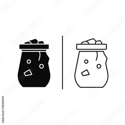 Bag of coal or rocks, grunge texture, solid black and outline icon for resource concept