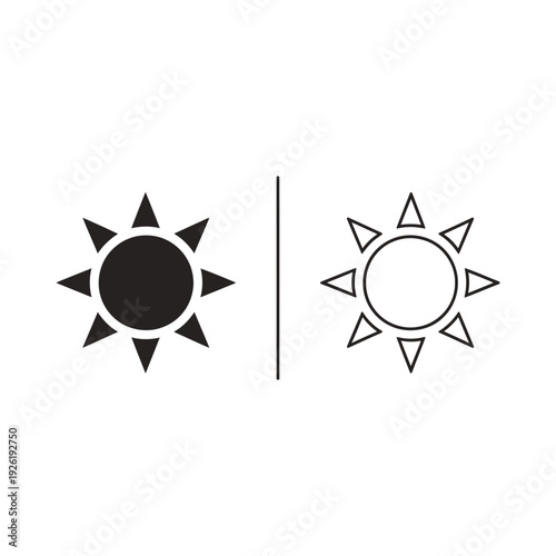 Stylized sun icon with pointed rays in black and white vector format, representing warmth, light, and energy.