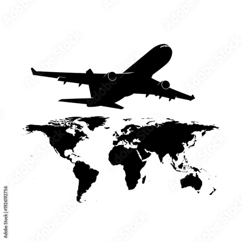 Black silhouette airplane flying over world map