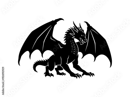 Black dragon silhouette with wings spread wide