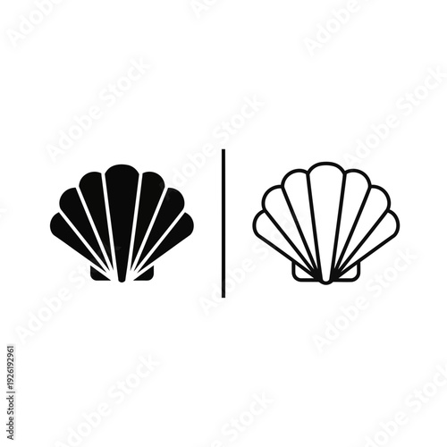 Seashell icon, both solid black and outlined versions, representing the ocean, summer, and nature. Simple vector graphic.