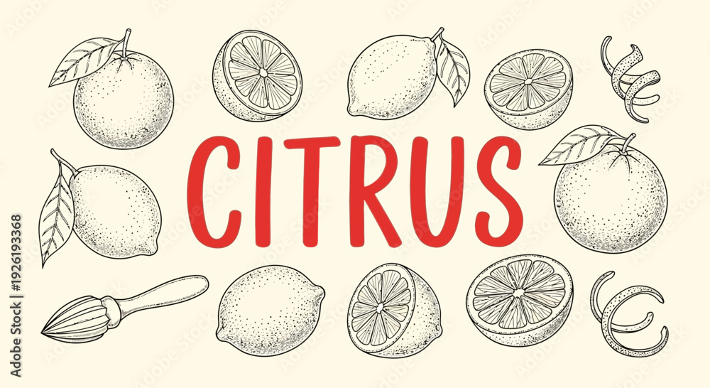 Εκτύπωση καμβά Vintagestyle illustration of various citrus fruits slices and a reamer with the