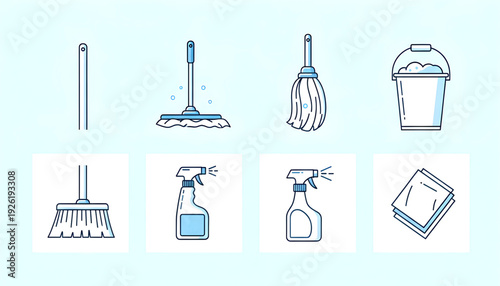 A collection of cleaning tools and supplies neatly arranged on a light background illustrating household chores and maintenance tasks from a straightforward viewpoint.