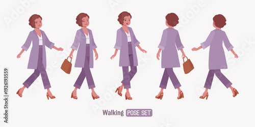 Attractive business woman in purple blouse walking pose set. Ankle length trousers, long-sleeved knee length lavender cardigan, high-heeled sandals elegant lady. Vector flat style cartoon illustration